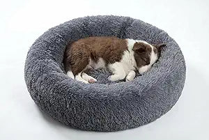 R0BTECH 23 inches Calming Donut Dog Bed - 3X Durable Plush Faux Fur, Machine Washable & Non-Slip, Fits up to 25 lbs, Dark Grey