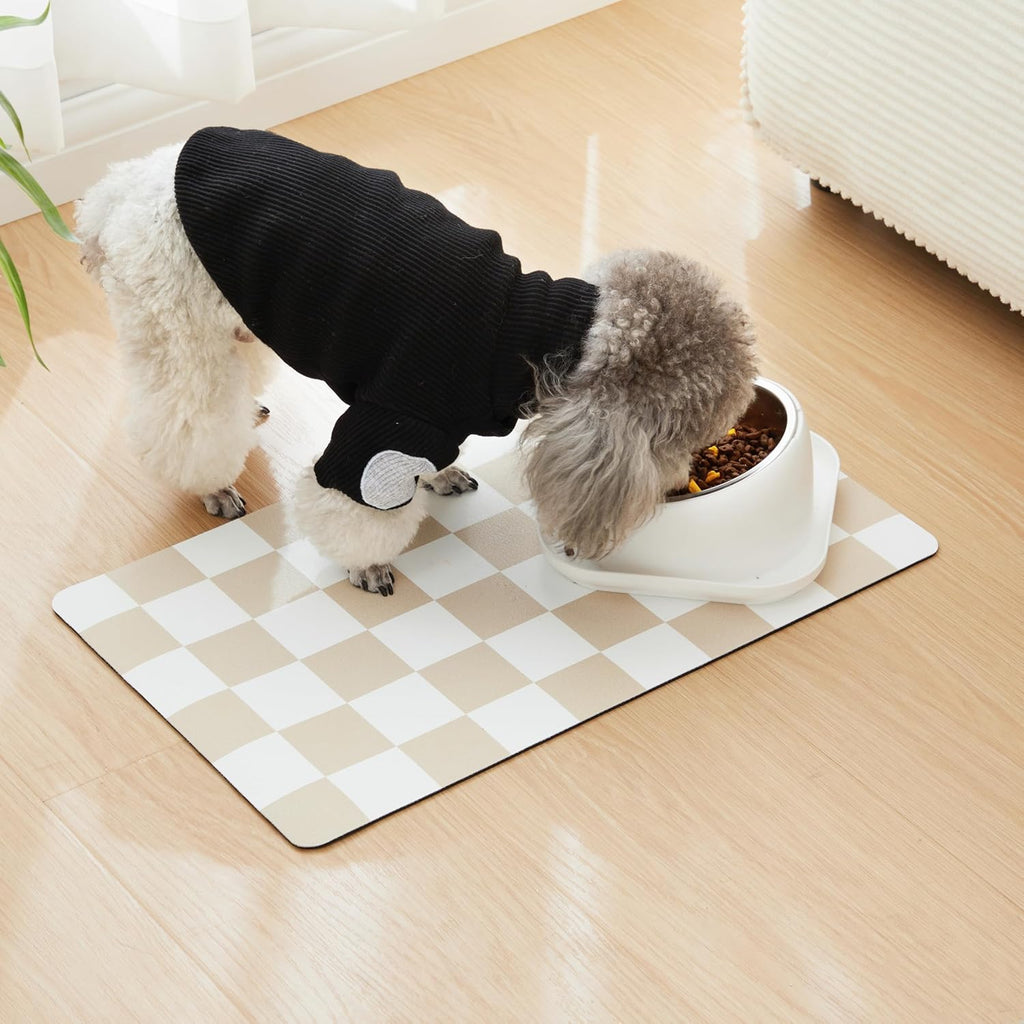 R0BTECH Checkered Dog Feeding Mat, Absorbent Mats for Dog Food and Water Bowl, Dispenser, Retro Aesthetic Khaki Beige Checkerboard Pet Placemat for Dogs, Cats, Puppy Accessories, 12" X 19”