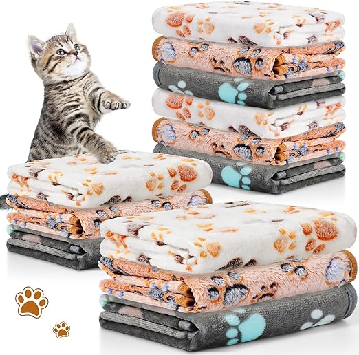 R0BTECH 12 Pcs Pet Blankets 23 x 16 Inch Soft Fluffy Fleece Dog Cat Warm Paw Print Pattern Blankets Flannel Throw for Pets Dog Puppy Cat(Dark Gray, White, Camel)