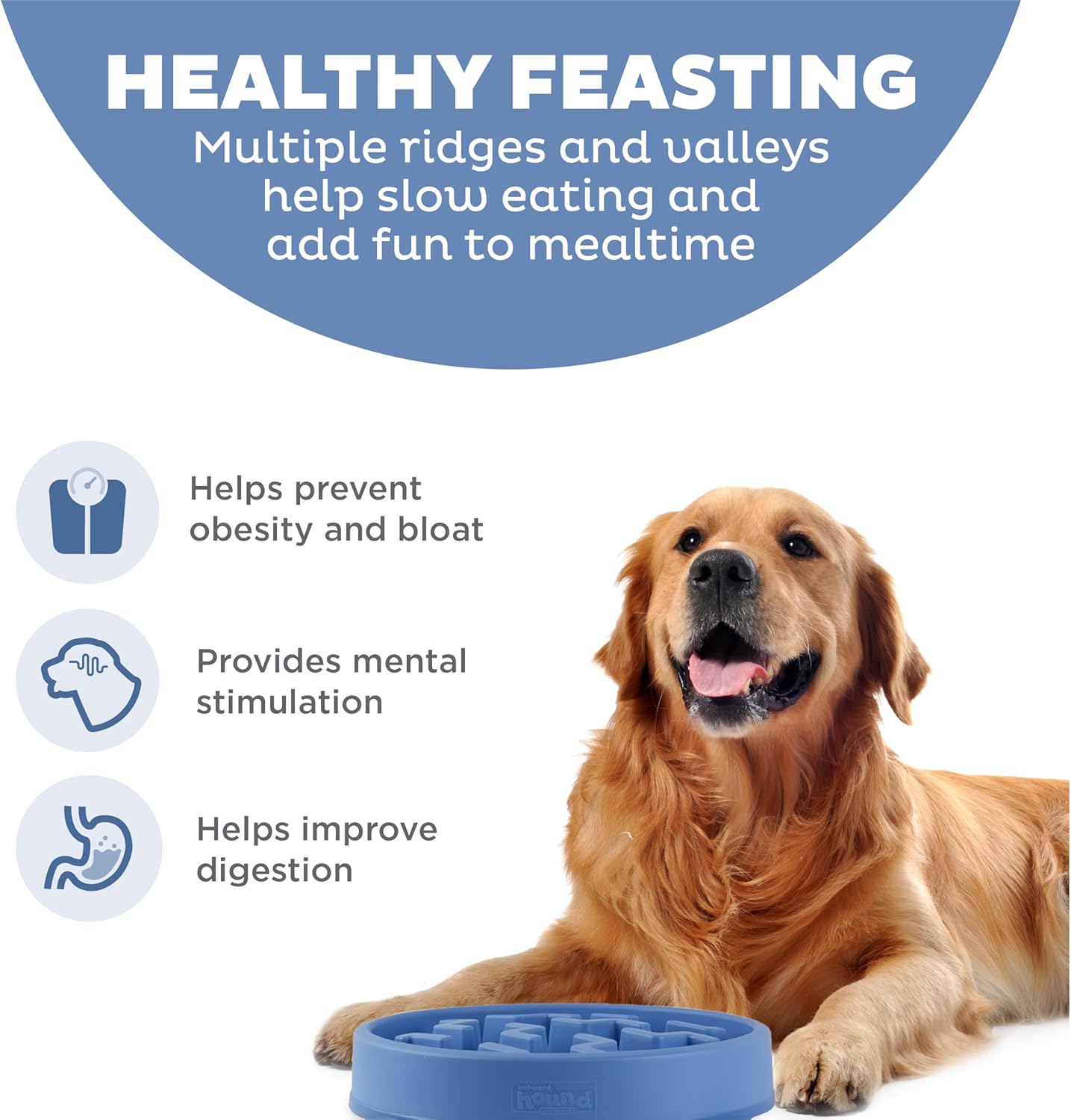 R0BTECH Hound Fun Feeder Slo Bowl – Large 4‑Cup Capacity, Slow Feeding, Medium to Large Dogs, Non‑Slip, Blue, Notch Pattern