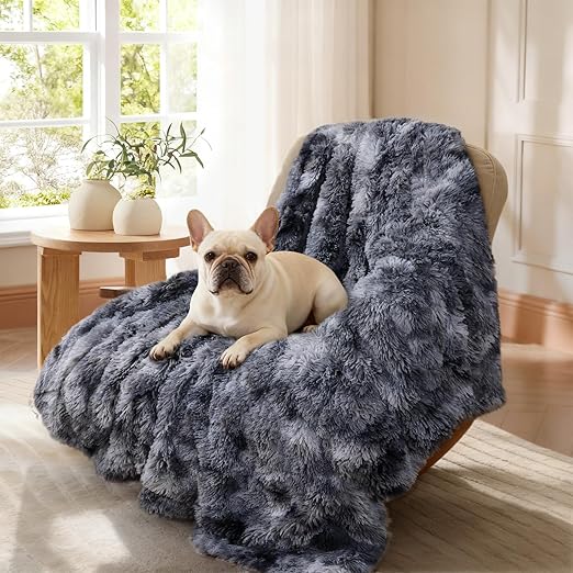 R0BTECH Large Waterproof Dog Blanket for Pet Washable Liquid Proof Bed Intimacy Protection Shaggy Plush Calming Long Faux Fur Couch Cover Calming Cat Throw Blankets, Tie-dye Grey, 50" x 60"