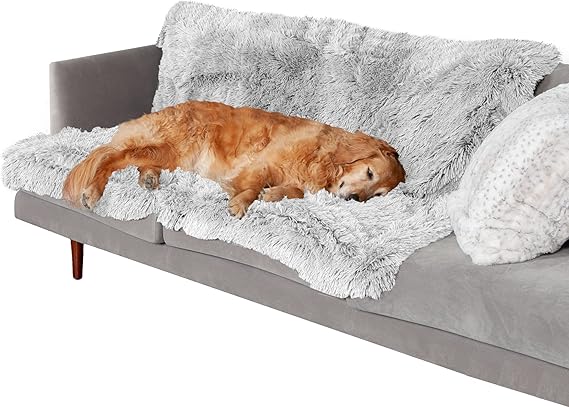 R0BTECH  Waterproof Throw Blanket for Dogs & Indoor Cats, Washable - Shaggy Plush Calming Long Faux Fur & Velvet Dog Blanket - Mist Gray, XL