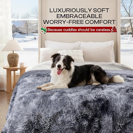 R0BTECH Large Waterproof Dog Blanket for Pet Washable Liquid Proof Bed Intimacy Protection Shaggy Plush Calming Long Faux Fur Couch Cover Calming Cat Throw Blankets, Tie-dye Grey, 50" x 60"