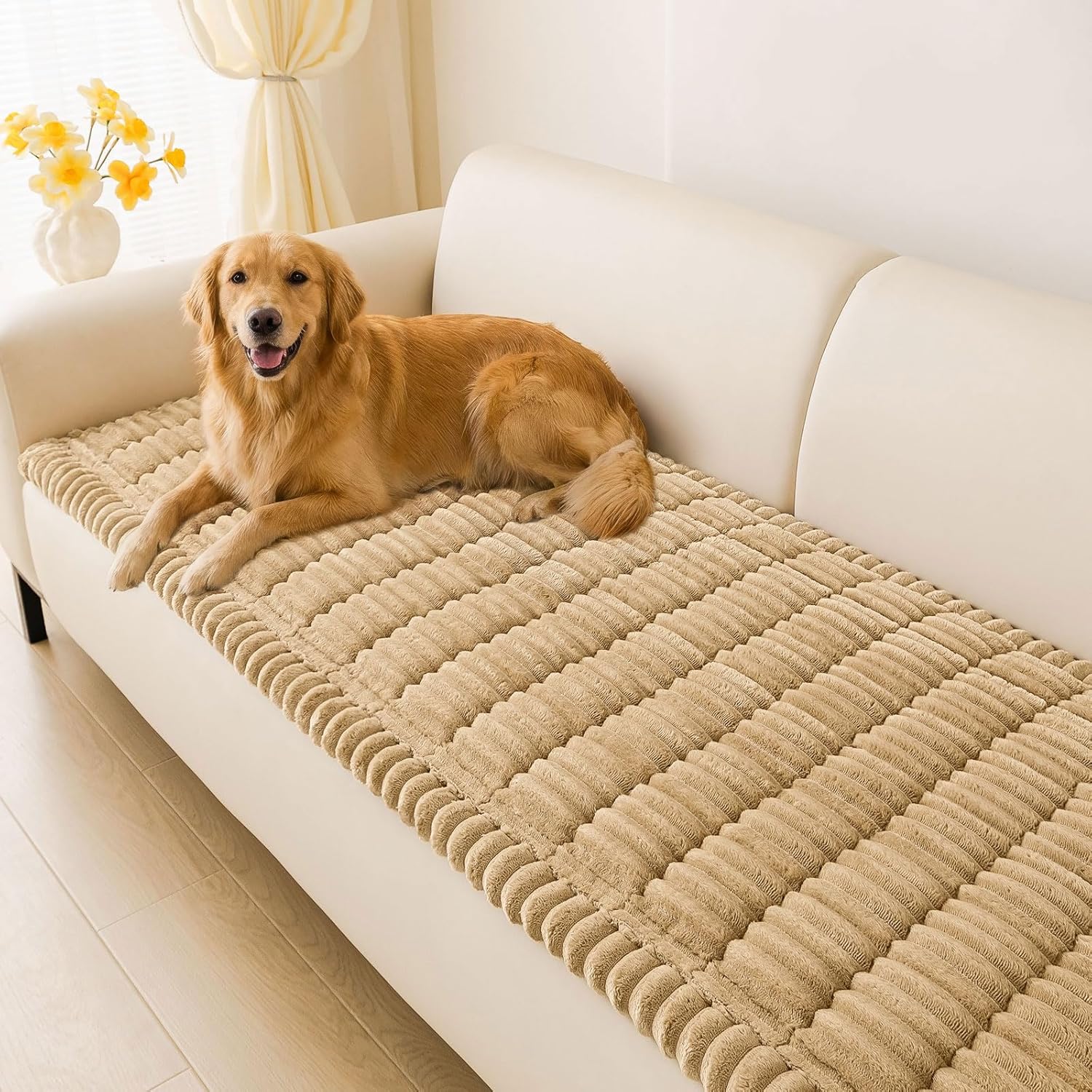 R0BTECH Couch Covers for Dogs Washable, Non Slip Plush Dog Sofa Protectors, Fuzzy Pet Couch Covers for 3 Cushion Sofa Pet Friendly (Camel, 27.6" x 59")