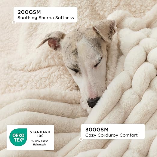 R0BTECH ComfyFleece™ Waterproof Dog Blankets for Large Dogs - Soft Pet Cat Blanket Corduroy Fleece for Couch Bed Protector Washable, Cozy Calming Reversible Furniture Protection,50"x60", Cream