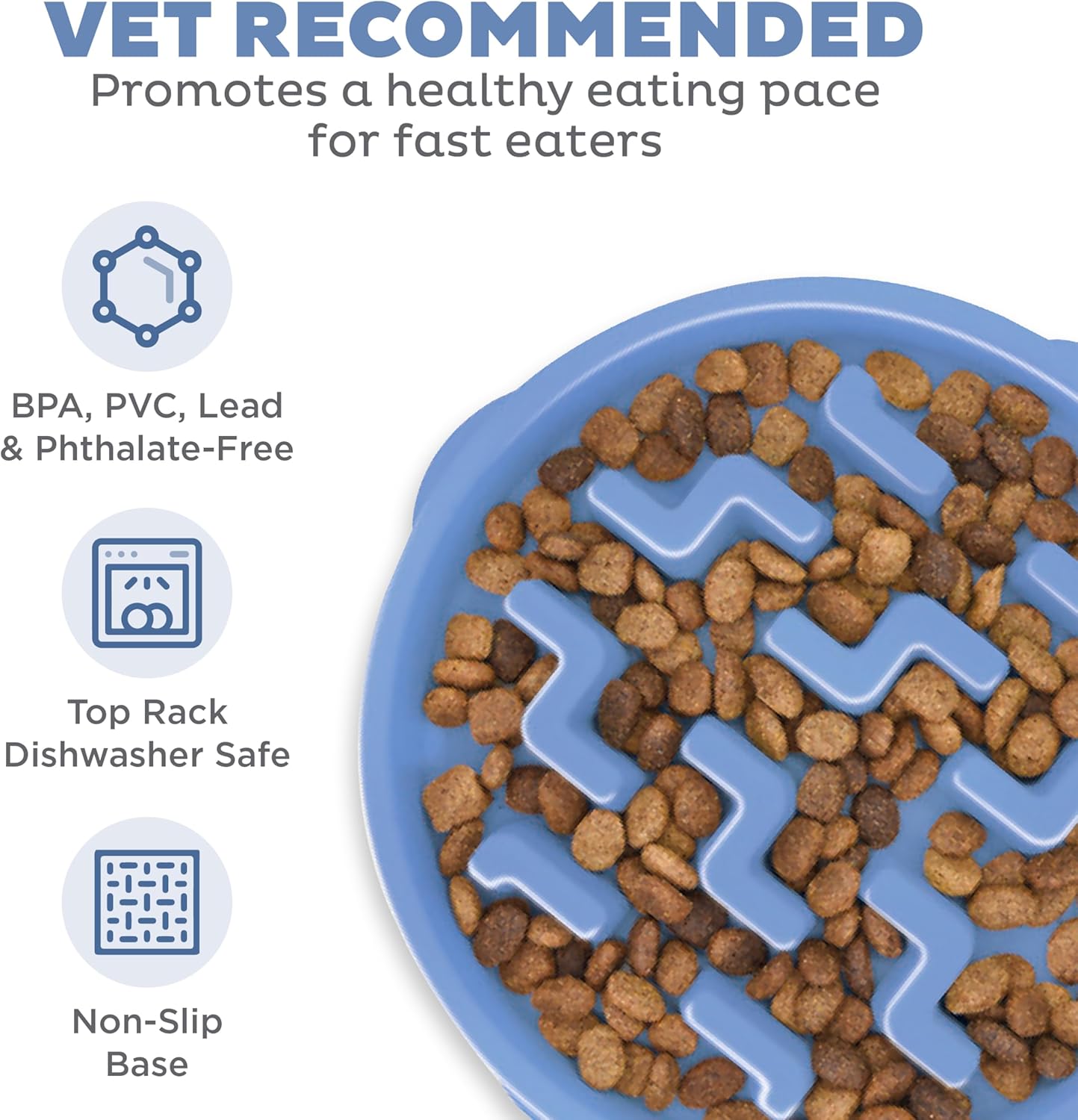 R0BTECH Hound Fun Feeder Slo Bowl – Large 4‑Cup Capacity, Slow Feeding, Medium to Large Dogs, Non‑Slip, Blue, Notch Pattern