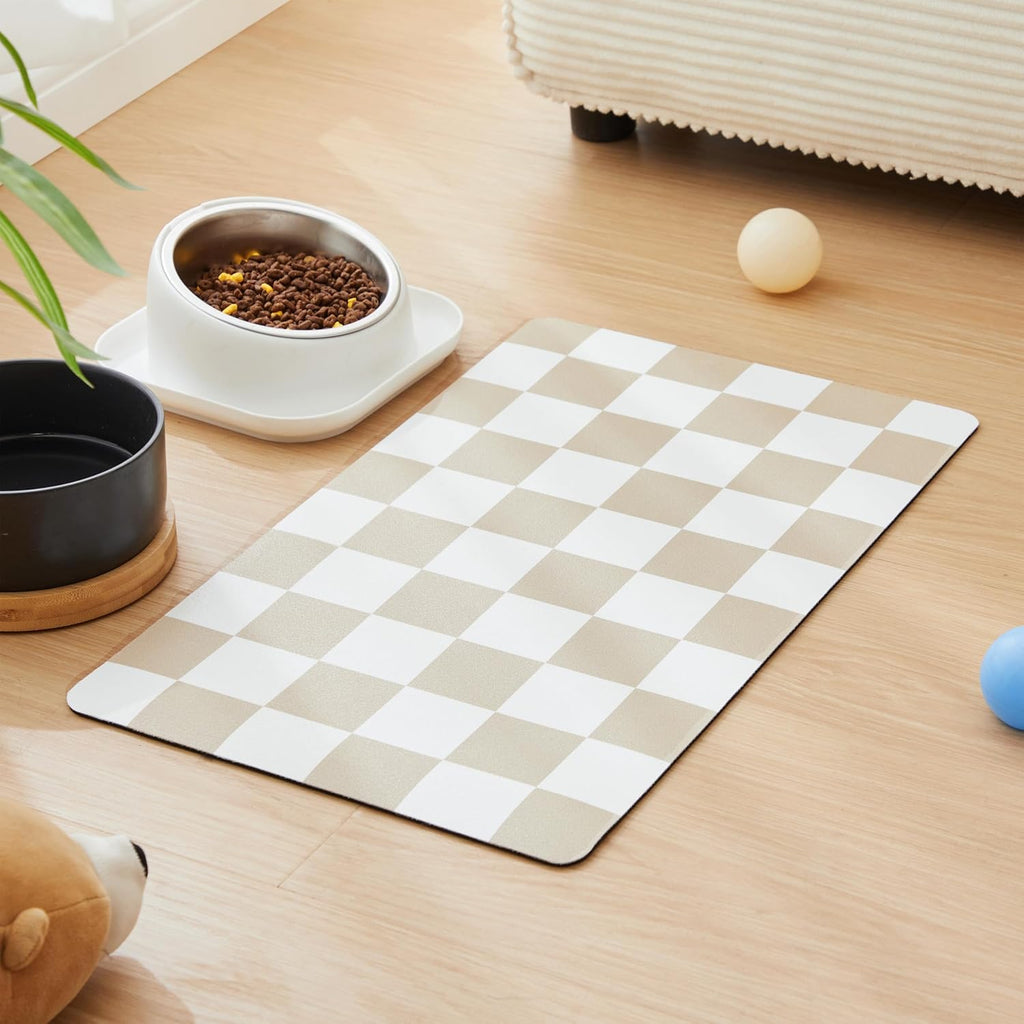 R0BTECH Checkered Dog Feeding Mat, Absorbent Mats for Dog Food and Water Bowl, Dispenser, Retro Aesthetic Khaki Beige Checkerboard Pet Placemat for Dogs, Cats, Puppy Accessories, 12" X 19”