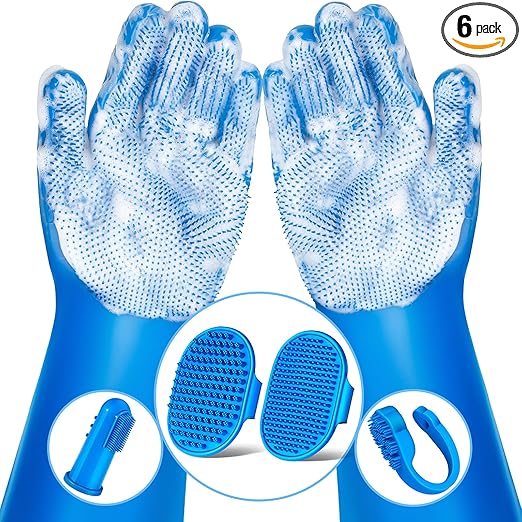 R0BTECH 6PCS Pet Grooming Kit for Dogs, Cats and Horses | Dog Washing Gloves | Cleanroom Gloves | Dog Bath Brush | Dog Bath Gloves | Dog Shampoo Brush | Dog Bath Supplies (Navy Blue)