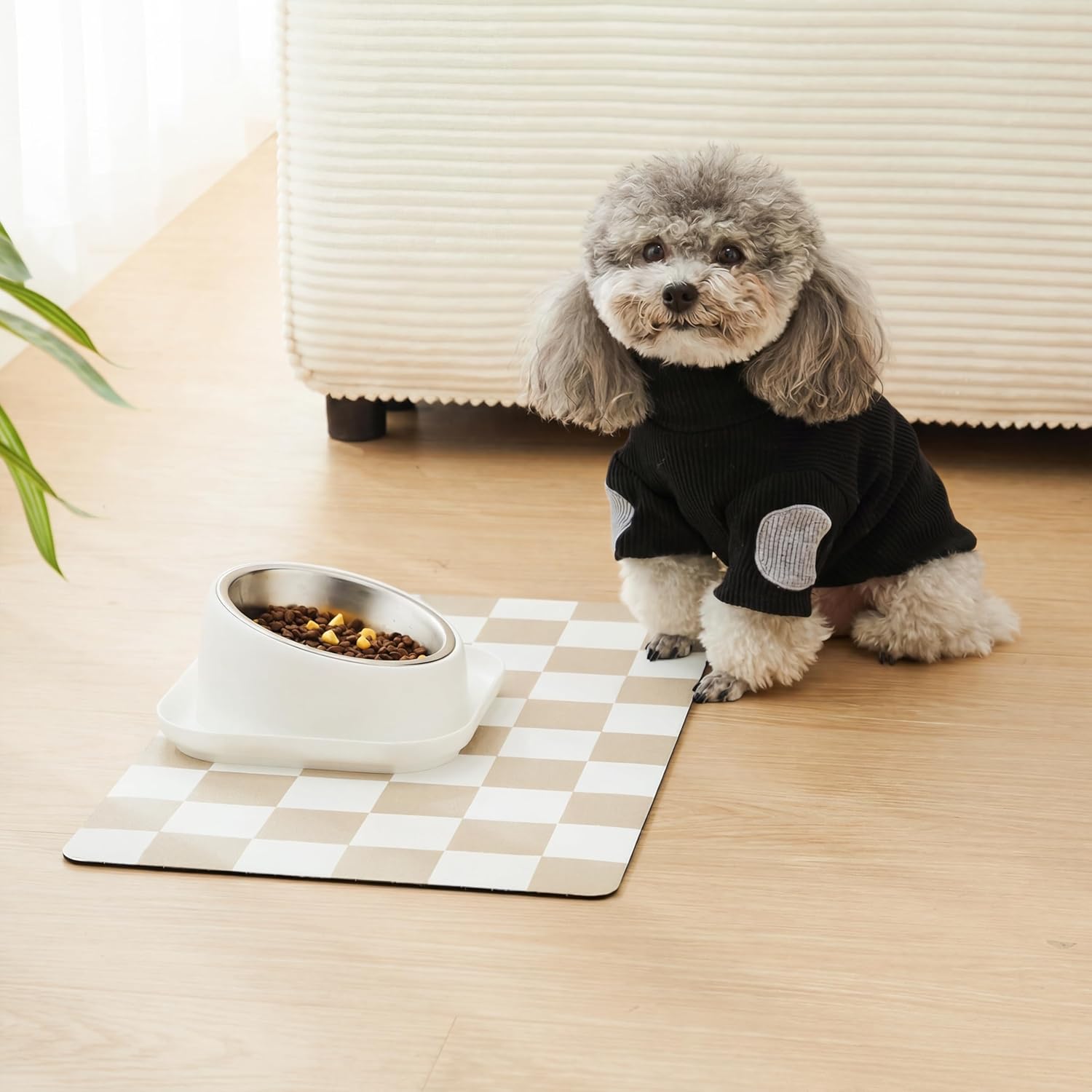 R0BTECH Checkered Dog Feeding Mat, Absorbent Mats for Dog Food and Water Bowl, Dispenser, Retro Aesthetic Khaki Beige Checkerboard Pet Placemat for Dogs, Cats, Puppy Accessories, 12" X 19”