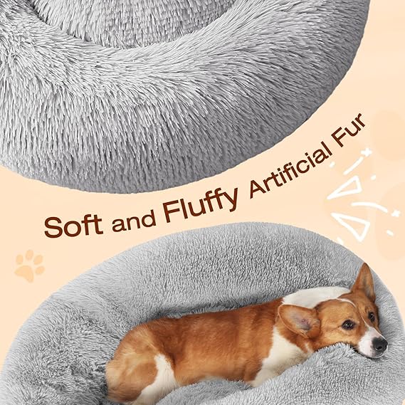 R0BTECH Small Dog Bed, Calming Soft Anti-Anxiety Donut Cat Bed, Washable Round Fluffy Cushion for Small and Medium Pets (20")