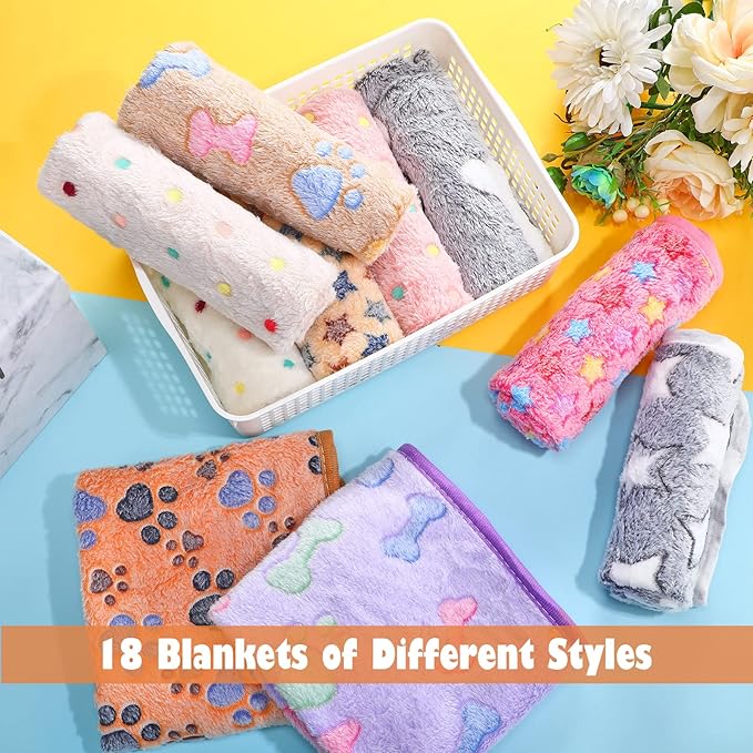 R0BTECH 18 Pcs Fleece Puppy Blanket Bulk, Soft Warm Pet Blanket with Paw Bone Star Elephant Dot Heart Printed Fluffy Throw Bed Mat for Small Medium Dog Cat Kitten Animals(23 x 16 Inch, Sweet)