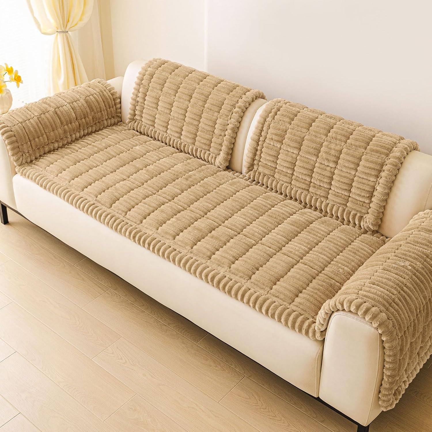R0BTECH Couch Covers for Dogs Washable, Non Slip Plush Dog Sofa Protectors, Fuzzy Pet Couch Covers for 3 Cushion Sofa Pet Friendly (Camel, 27.6" x 59")