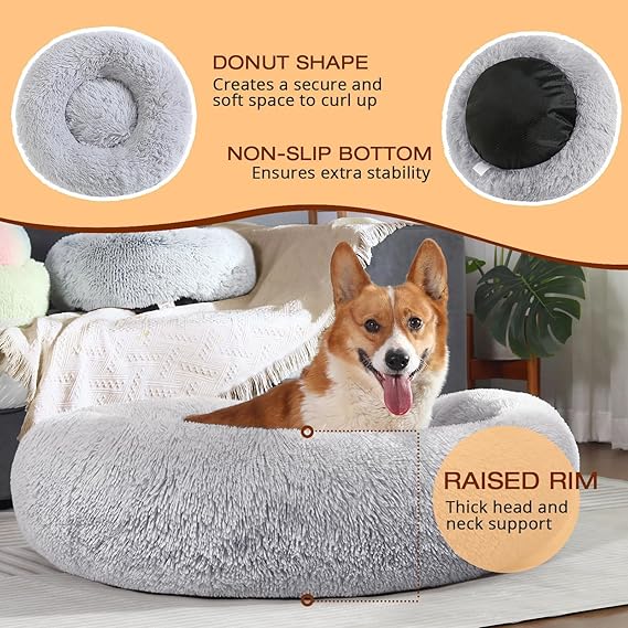 R0BTECH Small Dog Bed, Calming Soft Anti-Anxiety Donut Cat Bed, Washable Round Fluffy Cushion for Small and Medium Pets (20")