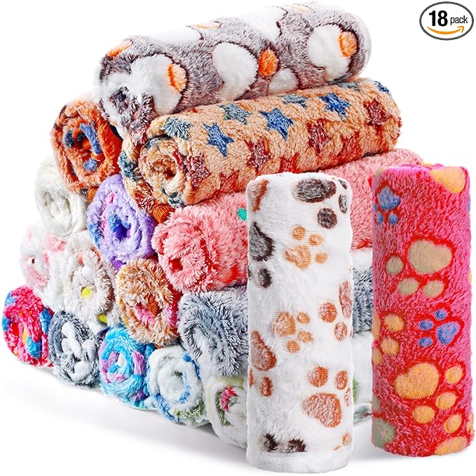 R0BTECH 18 Pcs Fleece Puppy Blanket Bulk, Soft Warm Pet Blanket with Paw Bone Star Elephant Dot Heart Printed Fluffy Throw Bed Mat for Small Medium Dog Cat Kitten Animals(23 x 16 Inch, Sweet)