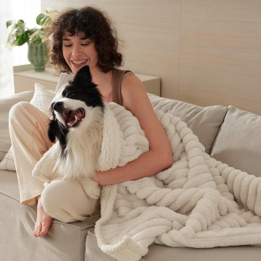 R0BTECH ComfyFleece™ Waterproof Dog Blankets for Large Dogs - Soft Pet Cat Blanket Corduroy Fleece for Couch Bed Protector Washable, Cozy Calming Reversible Furniture Protection,50"x60", Cream