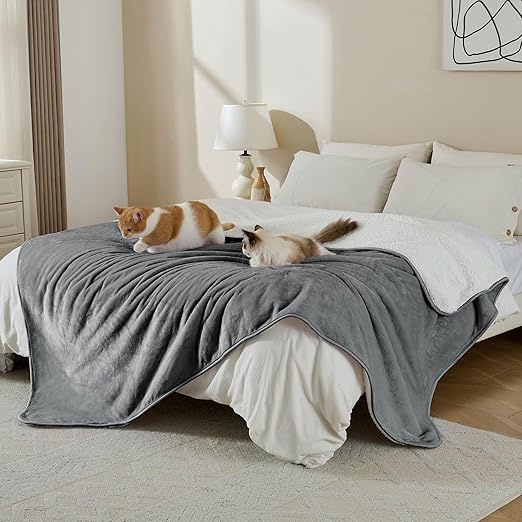 R0BTECH Waterproof Blanket for Bed Couch Sofa, Soft Liquid Pee Proof Pet Blanket for Dog Puppy Cat, Reversible Sherpa Fleece Furniture Protector (Grey, 50x60 inches)