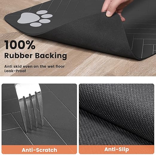 R0BTECH Pet Feeding Mat-Absorbent Pet Placemat for Food and Water Bowl, with Waterproof Rubber Backing, Quick Dry Water Dispenser Mat for Dog and Cat (20"x12", Striped Dark Gray)