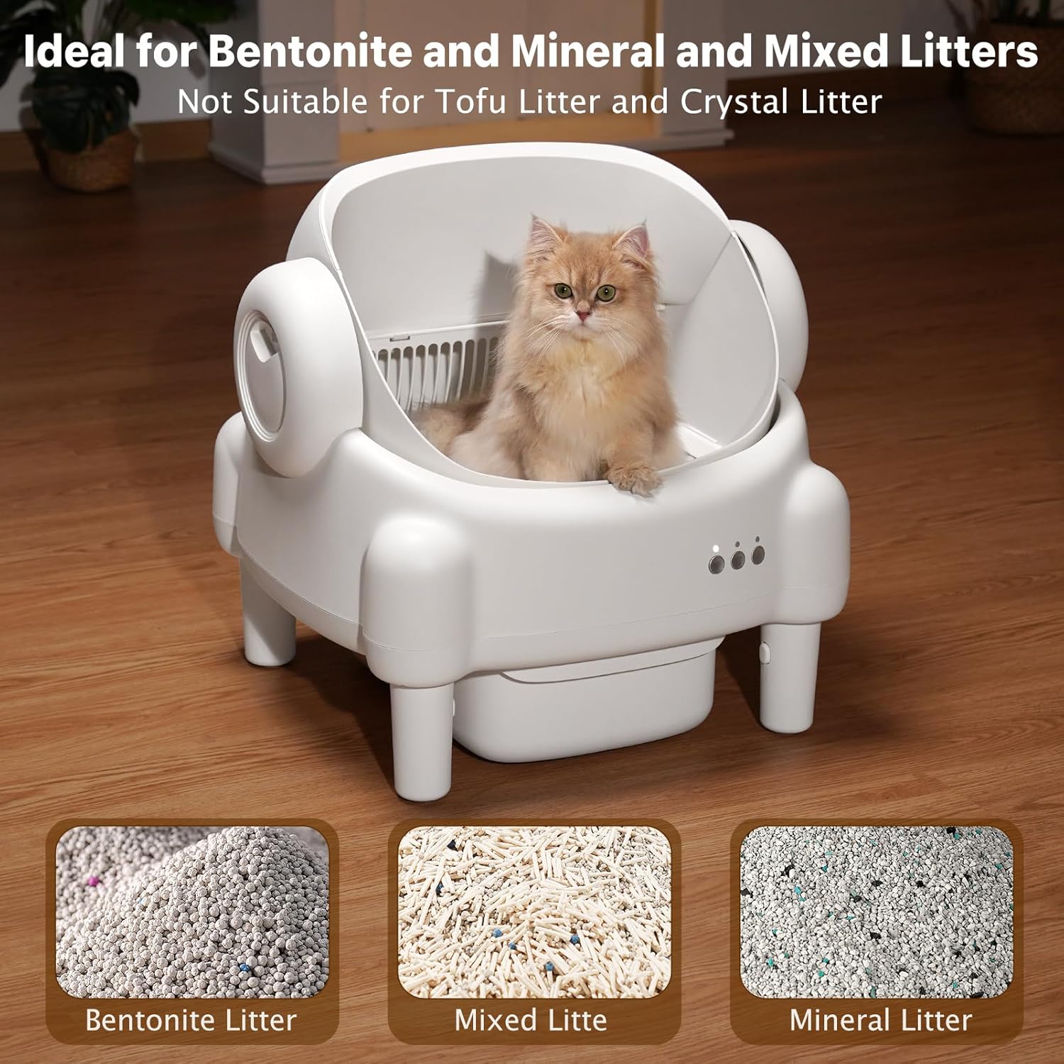 R0BTECH Self Cleaning Litter Box,Open Top Automatic Litter Box with App Control for Multiple Cats, Safety Sensors Protection, Odor Control Includes 2 roll Liners,Large Waste Bin, Cream White