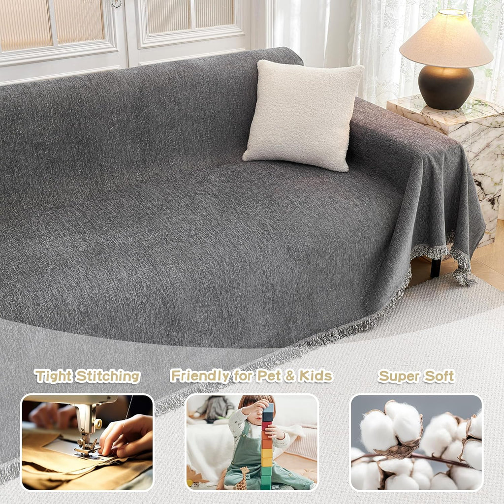 R0BTECH HOME Couch Cover for Dogs, Washable Couch Covers, Non Slip Sofa Cover, Couch Cover 2 Cushion Sofa Dogs Furniture Protector with Tassels, Chenille Sofa Slipcover for Pets, 71"x118", Dark Grey
