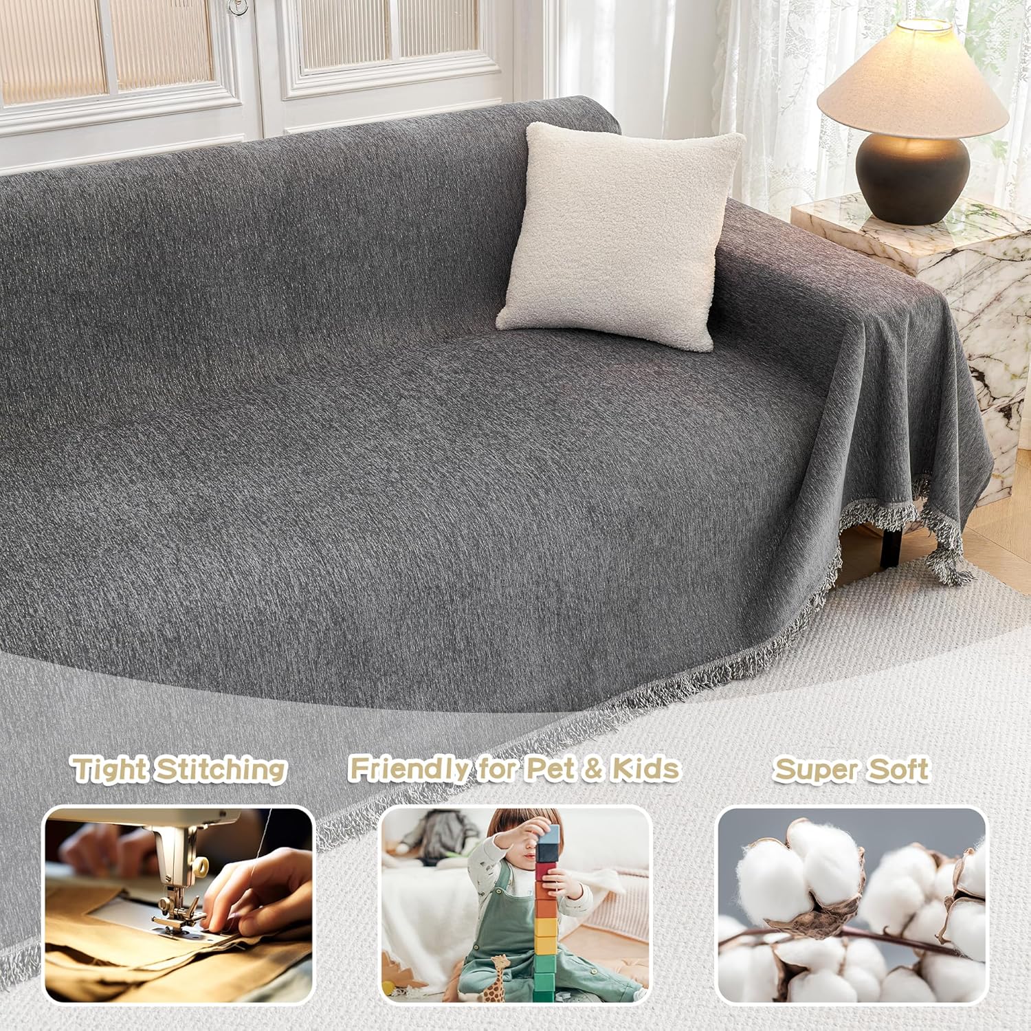 R0BTECH HOME Couch Cover for Dogs, Washable Couch Covers, Non Slip Sofa Cover, Couch Cover 2 Cushion Sofa Dogs Furniture Protector with Tassels, Chenille Sofa Slipcover for Pets, 71"x118", Dark Grey