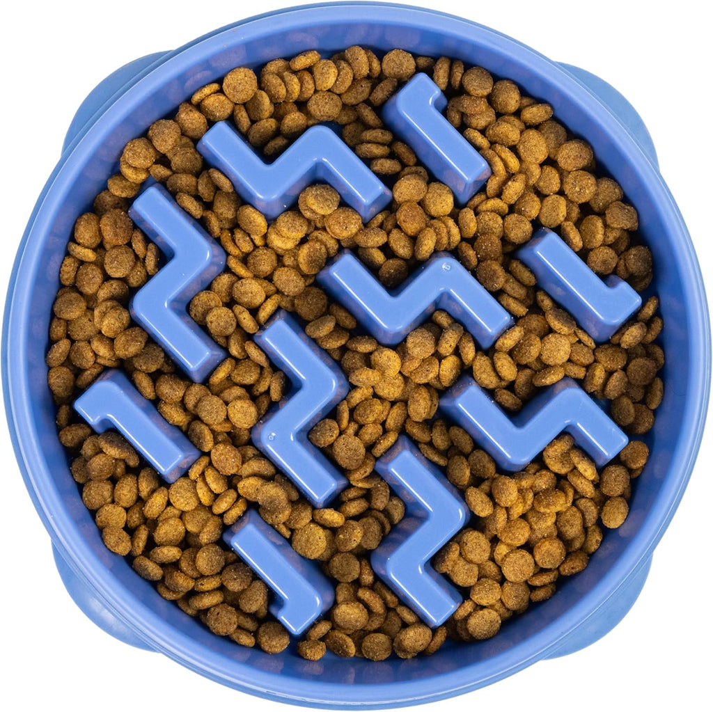 R0BTECH Hound Fun Feeder Slo Bowl – Large 4‑Cup Capacity, Slow Feeding, Medium to Large Dogs, Non‑Slip, Blue, Notch Pattern