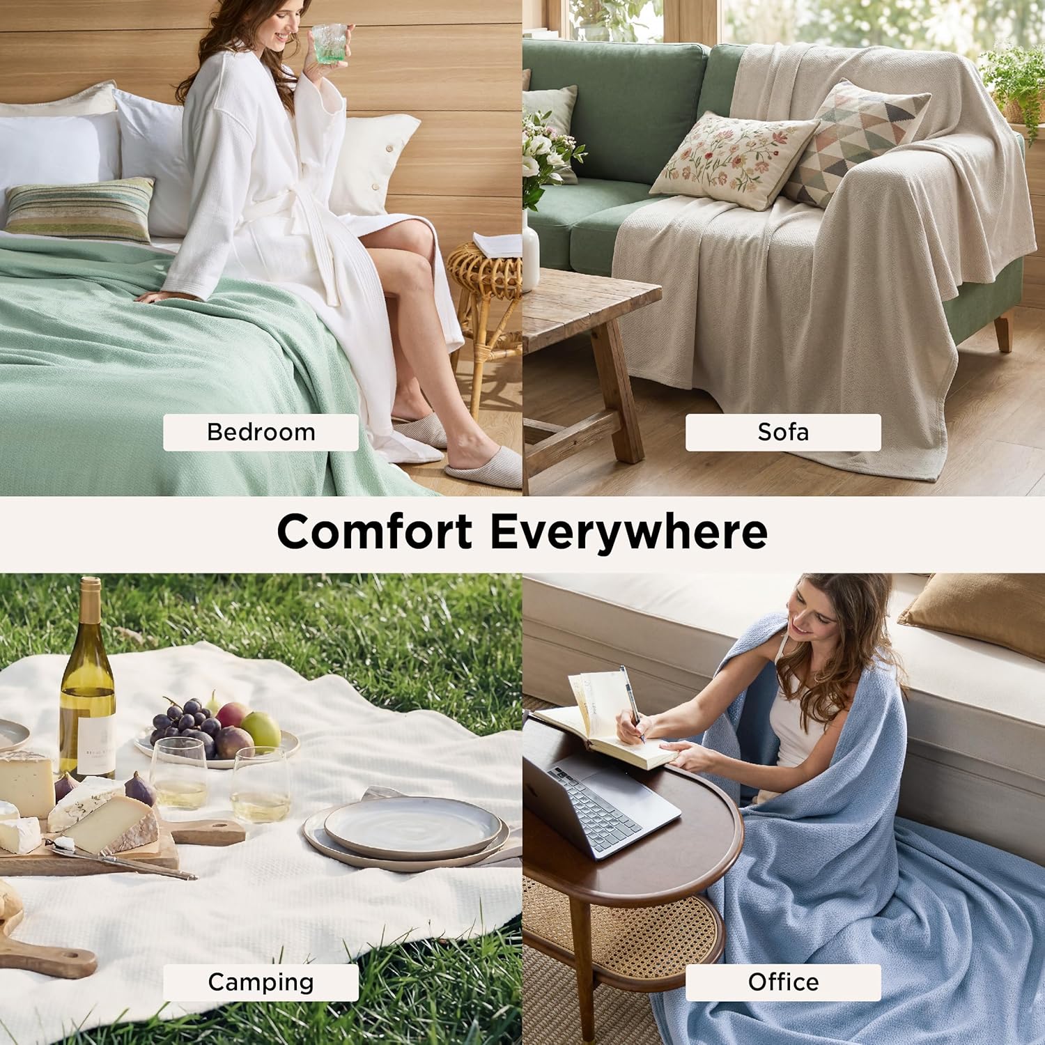 R0BTECH GentleSoft 100% Cotton Large Throw Blanket for Couch 50x70 inches - Cooling Breathable and Lightweight, Soft Cozy Herringbone Woven Cotton Throw for Summer, Linen Beige Office Chair Blanket