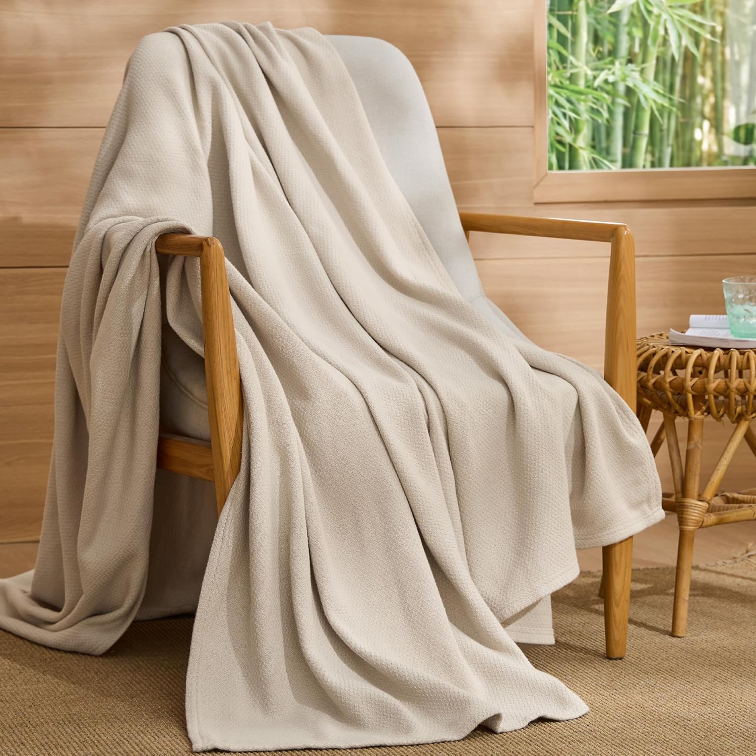 R0BTECH GentleSoft 100% Cotton Large Throw Blanket for Couch 50x70 inches - Cooling Breathable and Lightweight, Soft Cozy Herringbone Woven Cotton Throw for Summer, Linen Beige Office Chair Blanket