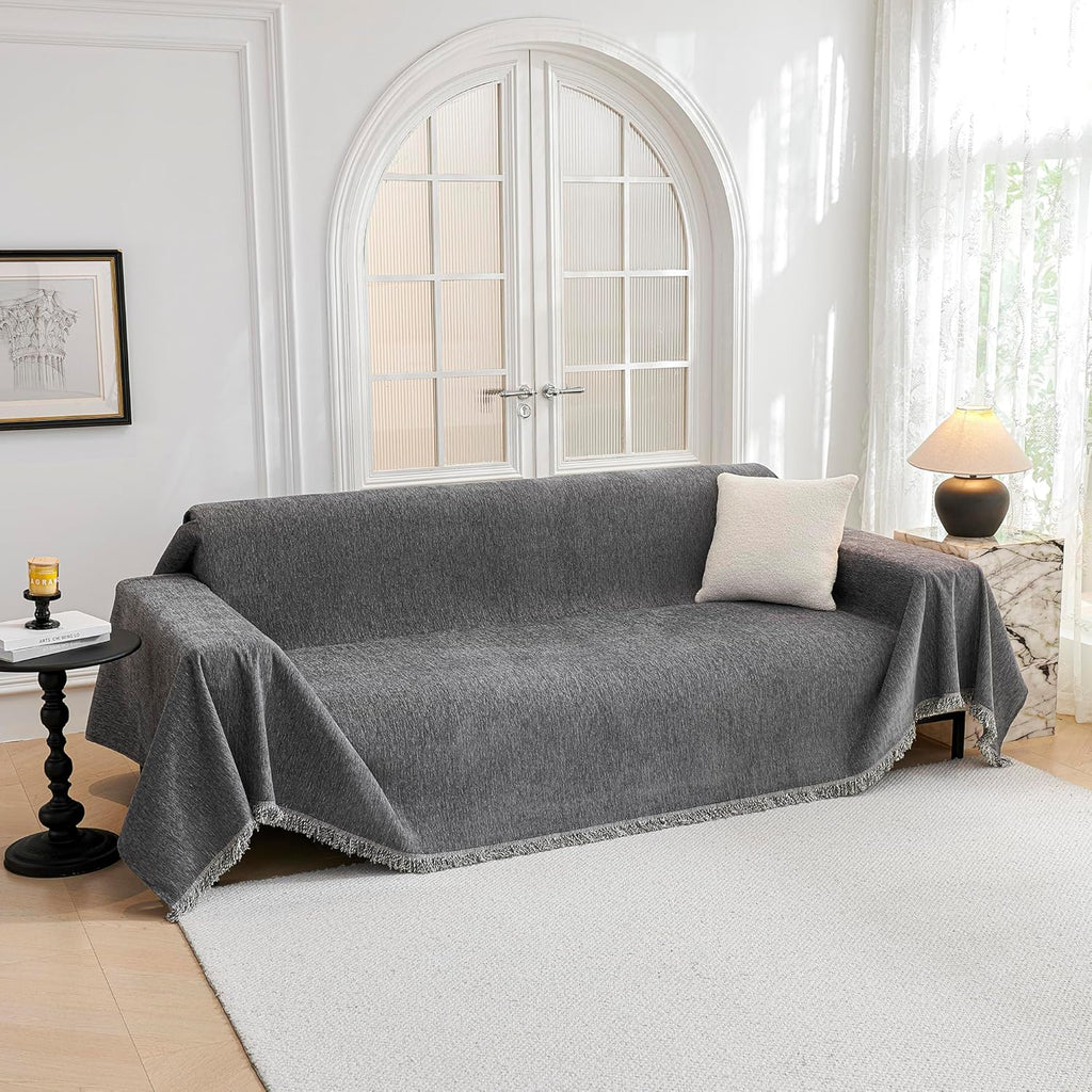 R0BTECH HOME Couch Cover for Dogs, Washable Couch Covers, Non Slip Sofa Cover, Couch Cover 2 Cushion Sofa Dogs Furniture Protector with Tassels, Chenille Sofa Slipcover for Pets, 71"x118", Dark Grey