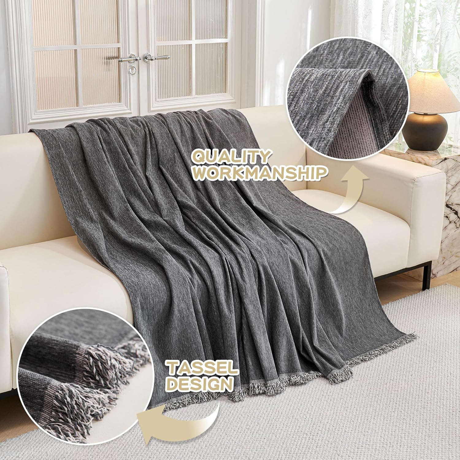 R0BTECH HOME Couch Cover for Dogs, Washable Couch Covers, Non Slip Sofa Cover, Couch Cover 2 Cushion Sofa Dogs Furniture Protector with Tassels, Chenille Sofa Slipcover for Pets, 71"x118", Dark Grey