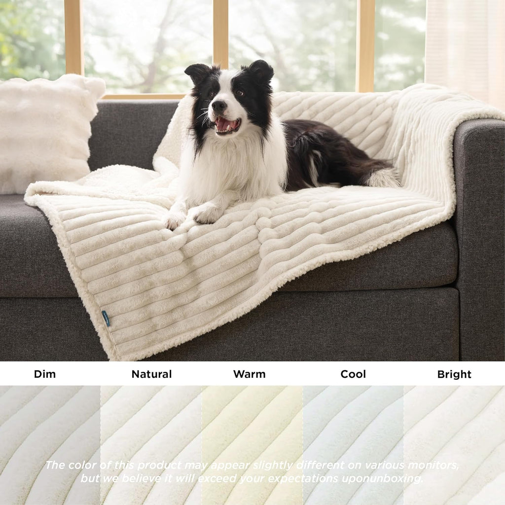 R0BTECH ComfyFleece™ Waterproof Dog Blankets for Large Dogs - Soft Pet Cat Blanket Corduroy Fleece for Couch Bed Protector Washable, Cozy Calming Reversible Furniture Protection,50"x60", Cream