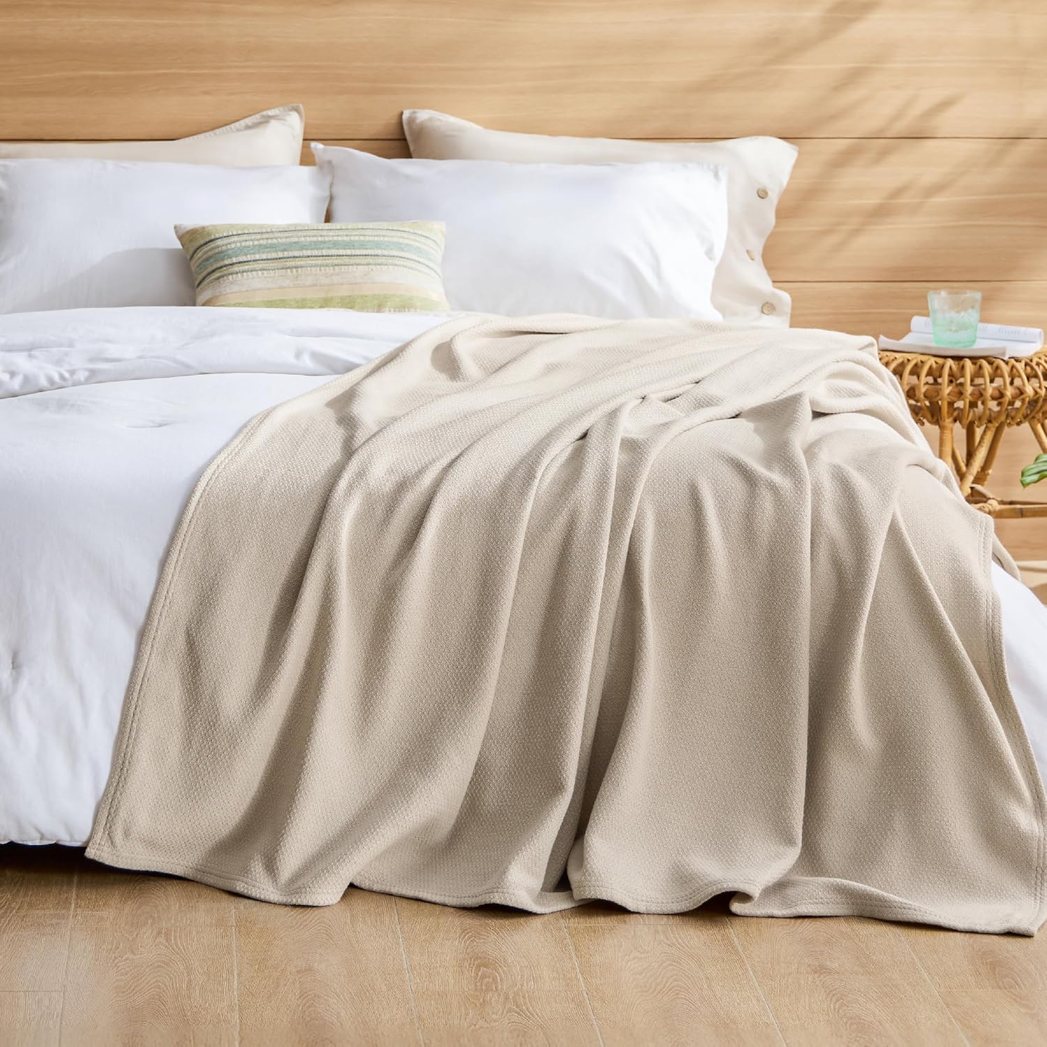 R0BTECH GentleSoft 100% Cotton Large Throw Blanket for Couch 50x70 inches - Cooling Breathable and Lightweight, Soft Cozy Herringbone Woven Cotton Throw for Summer, Linen Beige Office Chair Blanket