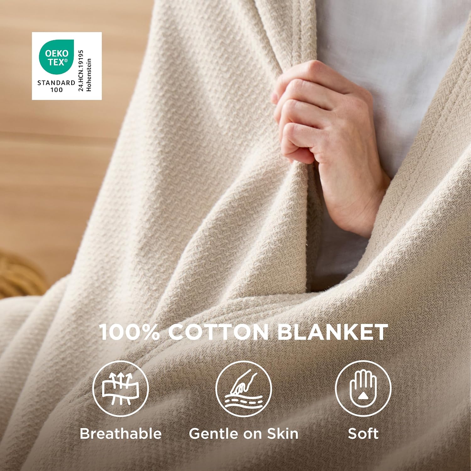 R0BTECH GentleSoft 100% Cotton Large Throw Blanket for Couch 50x70 inches - Cooling Breathable and Lightweight, Soft Cozy Herringbone Woven Cotton Throw for Summer, Linen Beige Office Chair Blanket