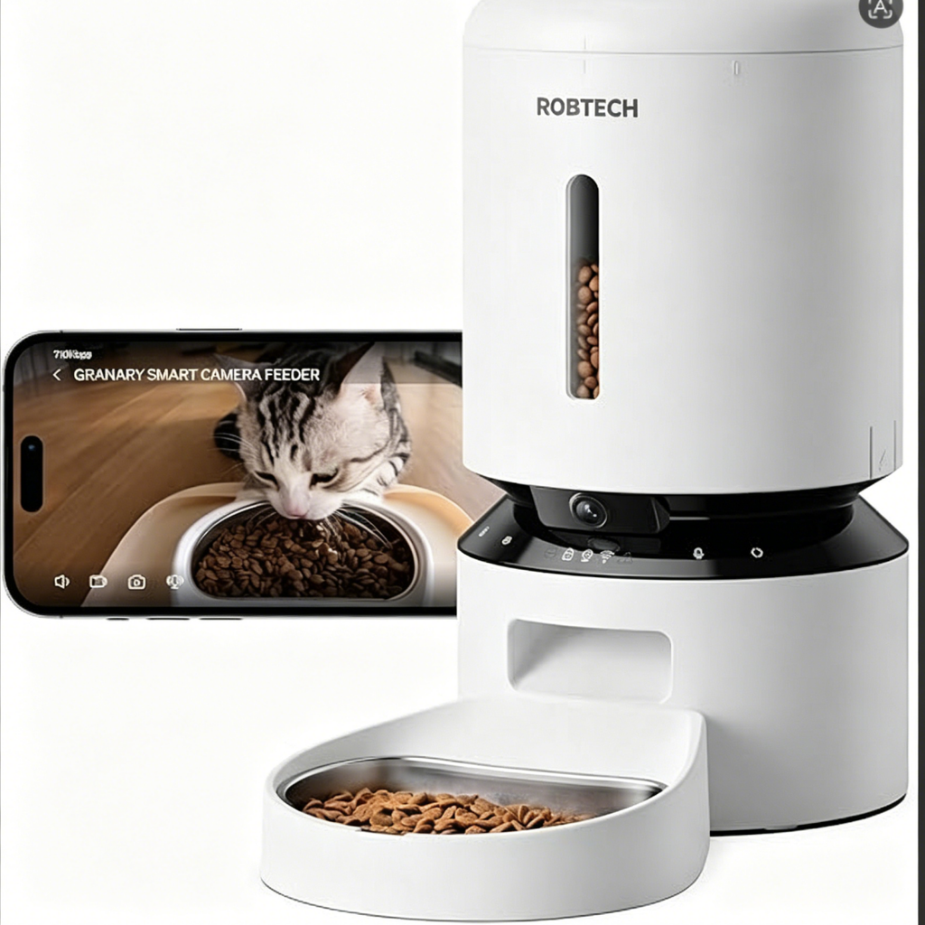 R0BTECH Automatic Cat Feeder with Camera, 1080P HD & Night Vision, 5GHz/2.4GHz WiFi & Cam Smart Pet Feeder with App Control, 2-Way Audio, Motion Alerts for Cats & Dogs, Stainless Steel Single Tray