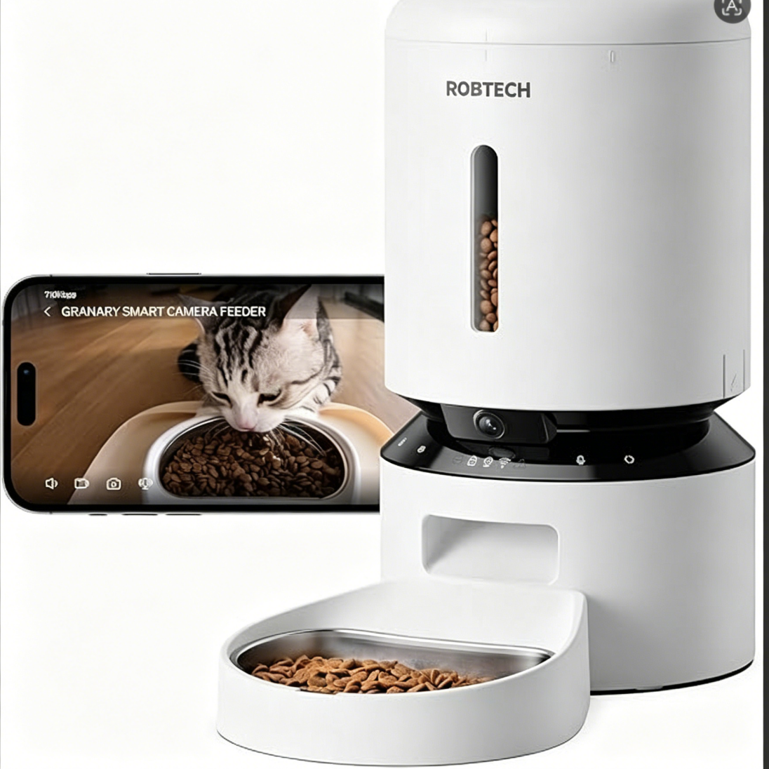 R0BTECH Automatic Cat Feeder with Camera, 1080P HD & Night Vision, 5GHz/2.4GHz WiFi & Cam Smart Pet Feeder with App Control, 2-Way Audio, Motion Alerts for Cats & Dogs, Stainless Steel Single Tray